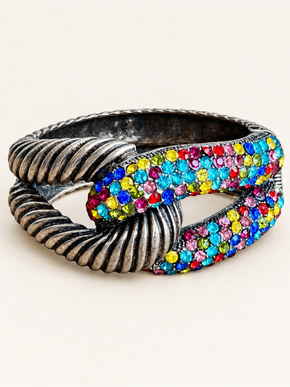 Vintage Rainbow Rhinestone Silver Tone Hinged Cuff Statement Bracelet